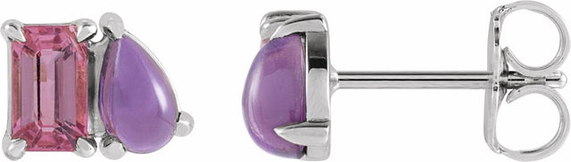 14K White Natural Pink Tourmaline & Natural Amethyst Two-Stone Stud Earrings