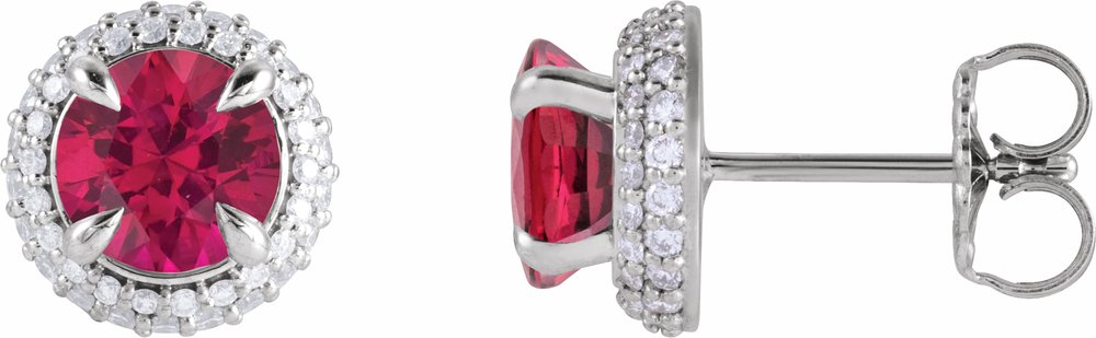 14K White Lab-Grown Ruby & 1/2 CTW Lab-Grown Diamond Halo-Style Earrings