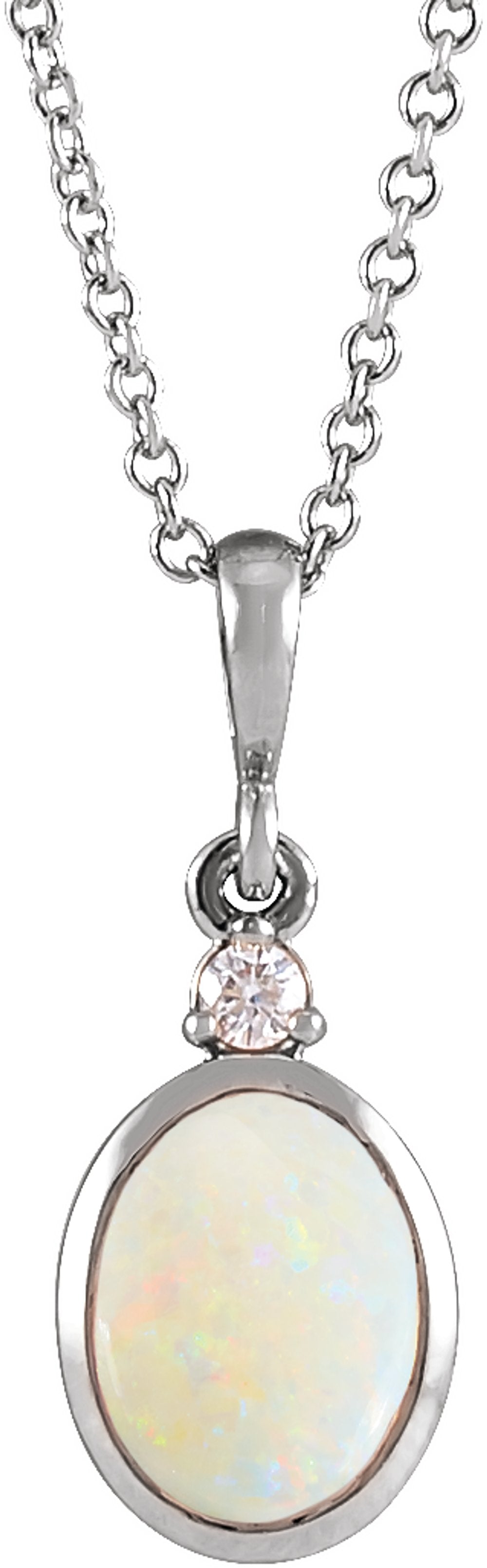 14K White Gold 9x7 mm Natural White Opal & .03 CT Natural Diamond 16-18" Necklace 