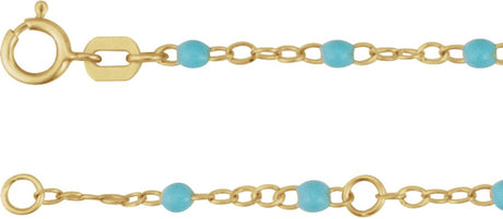 14K Yellow Gold 2 mm Adjustable Turquoise Enamel Bead 9-10" Chain