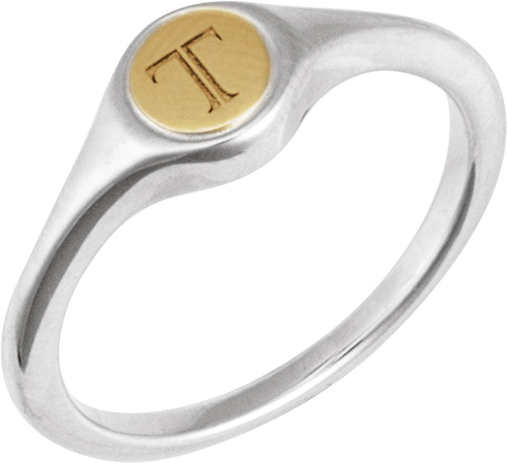 14K White/Yellow Engravable Round Signet Ring