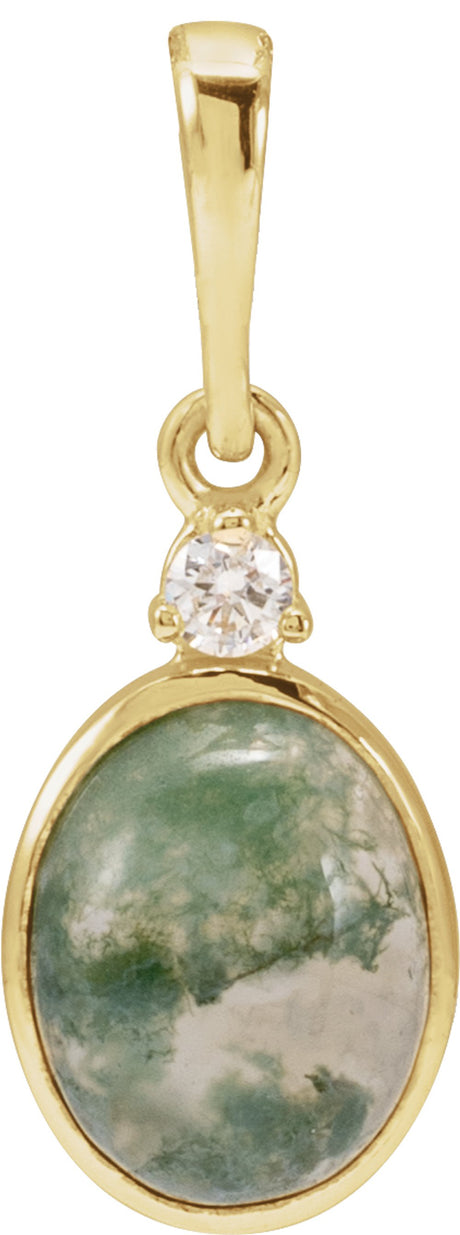 14K Yellow Gold 8x6 mm Natural Moss Agate & .03 CTW Natural Diamond Pendant
