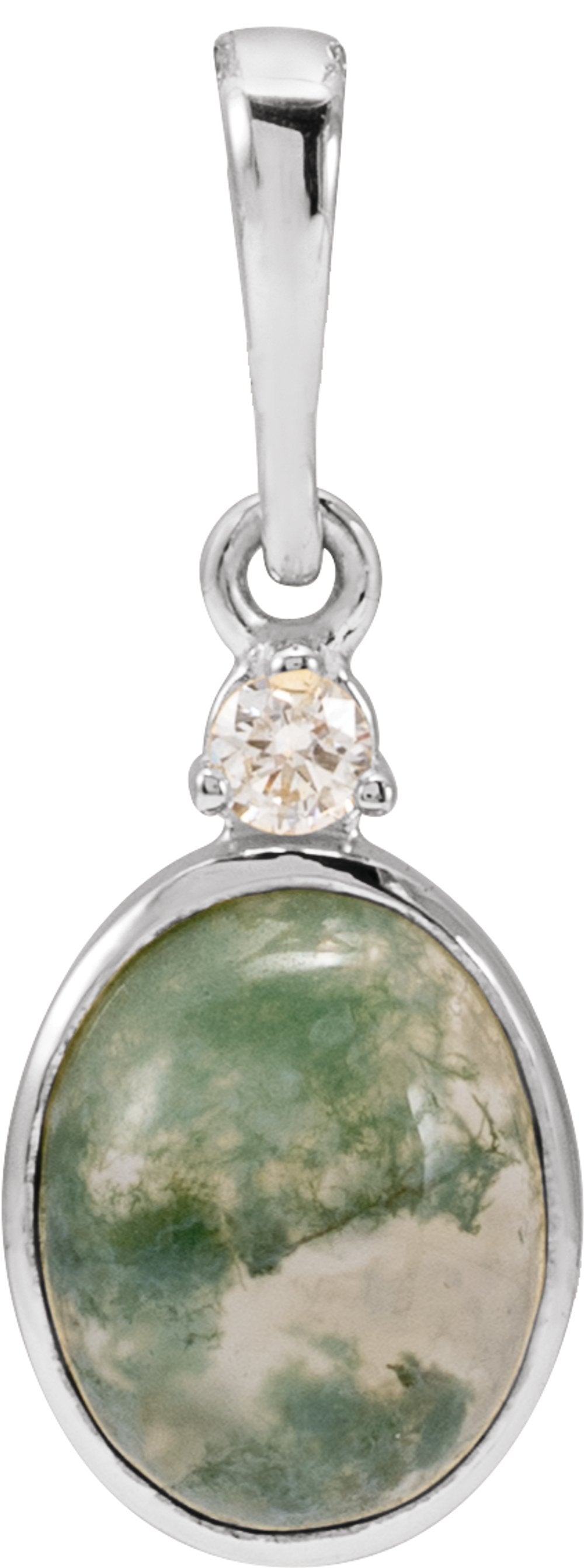 14K White 8x6 mm Natural Moss Agate & .03 CTW Natural Diamond Pendant