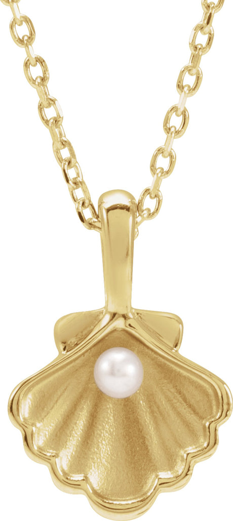 14K Yellow 1-Stone Cultured White Seed Pearl Family Shell 16-18" Necklace