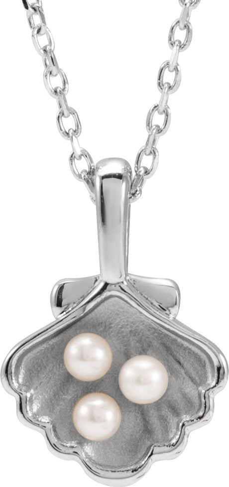 14K White 3-Stone Cultured White Seed Pearl Family Shell 16-18" Necklace