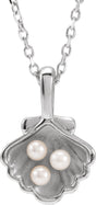 Sterling Silver 3-Stone Cultured White Seed Pearl Family Shell 16-18" Necklace