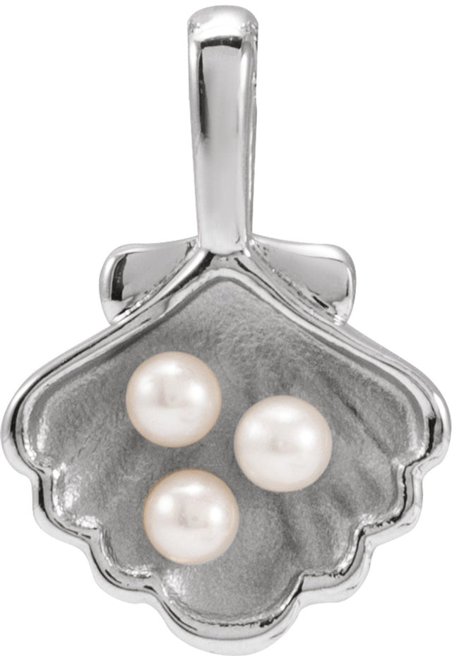 14K White 3-Stone Cultured White Seed Pearl Family Shell Pendant