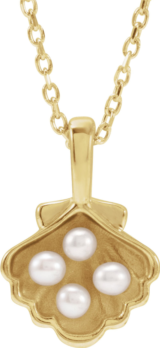 14K Yellow 4-Stone Cultured White Seed Pearl Family Shell 16-18" Necklace