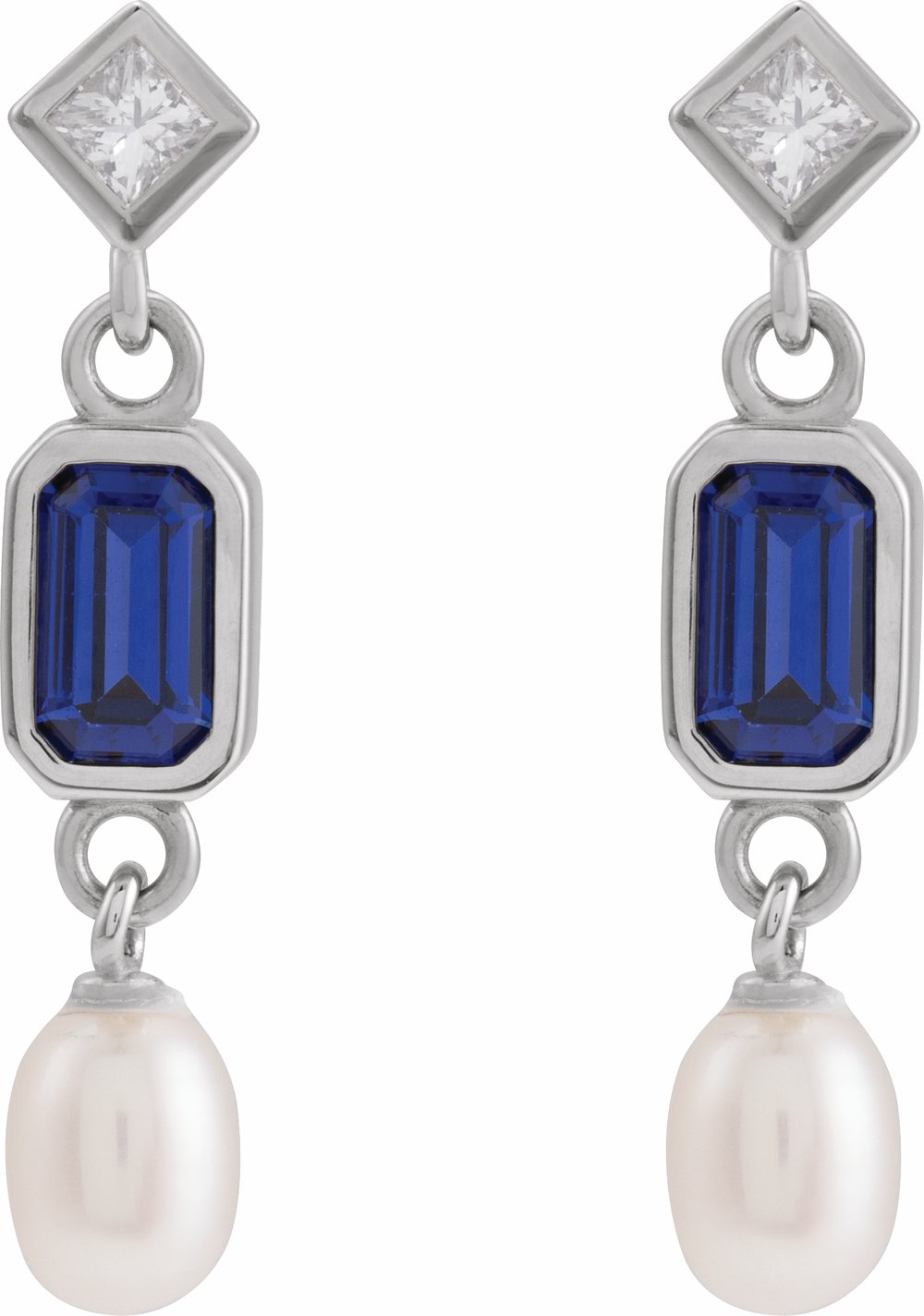 14K White Lab-Grown Blue Sapphire, Cultured White Akoya Pearl & .05 CTW Natural Diamond Earrings