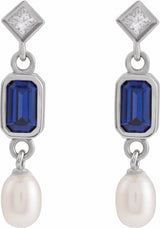 14K White Lab-Grown Blue Sapphire, Cultured White Akoya Pearl & .05 CTW Natural Diamond Earrings
