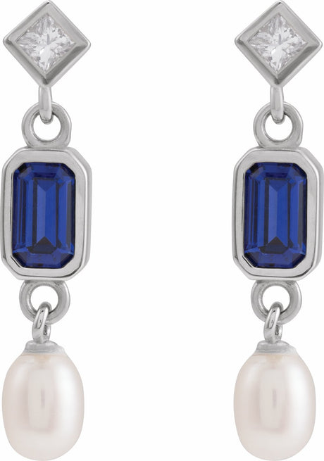 14K White Lab-Grown Blue Sapphire, Cultured White Akoya Pearl & .05 CTW Natural Diamond Earrings