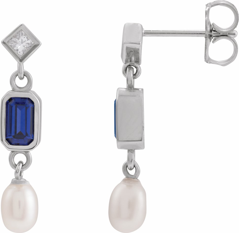 14K White Lab-Grown Blue Sapphire, Cultured White Akoya Pearl & .05 CTW Natural Diamond Earrings