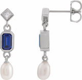 14K White Lab-Grown Blue Sapphire, Cultured White Akoya Pearl & .05 CTW Natural Diamond Earrings