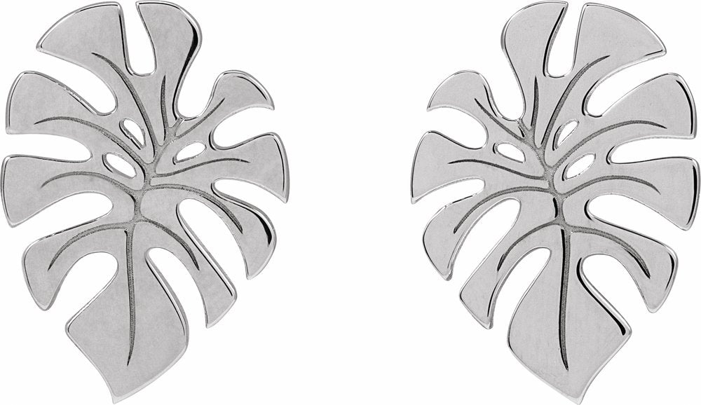 14K White Monstera Leaf Stud Earrings