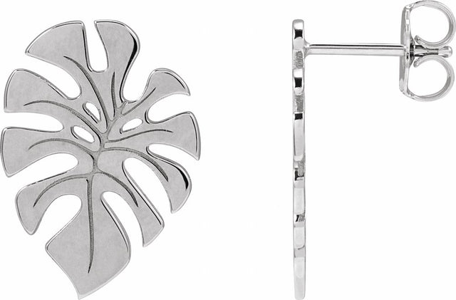 14K White Monstera Leaf Stud Earrings