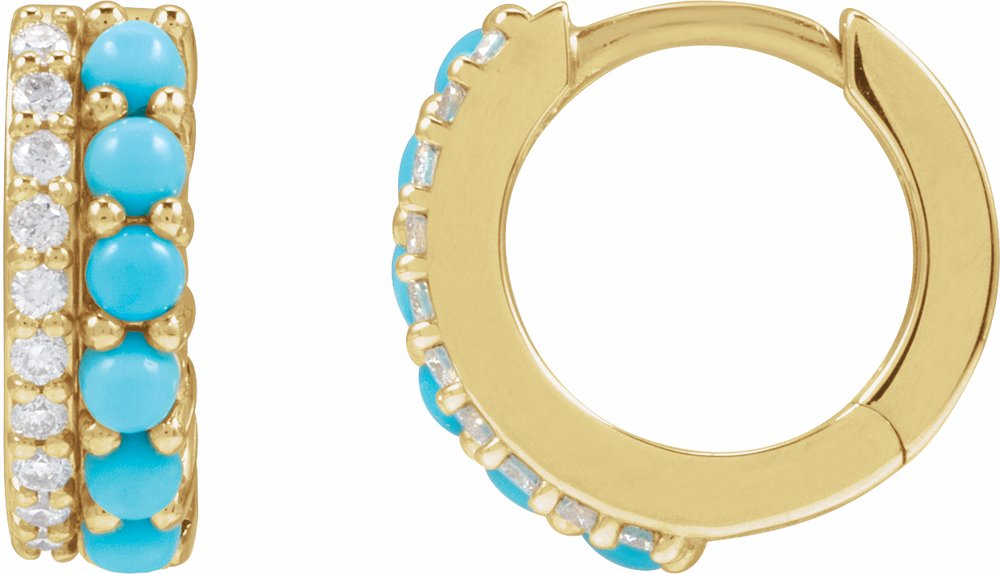 14K Yellow Gold Natural Turquoise & 1/8 CTW Natural Diamond Huggie Hoop Earrings