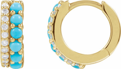 14K Yellow Natural Turquoise & 1/8 CTW Natural Diamond Huggie Hoop Earrings