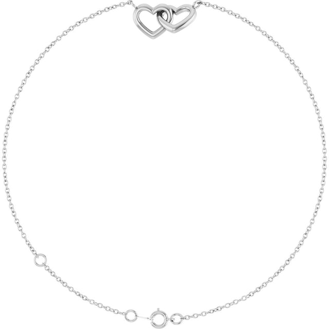 14K White Gold Interlocking Hearts Link 6 1/2-7 1/2" Bracelet