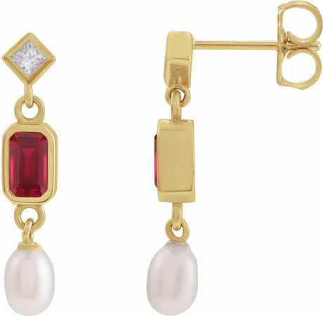 14K Yellow Lab-Grown Ruby, Cultured White Akoya Pearl & .05 CTW Natural Diamond Earrings