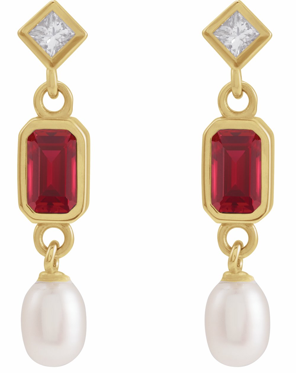 14K Yellow Lab-Grown Ruby, Cultured White Akoya Pearl & .05 CTW Natural Diamond Earrings