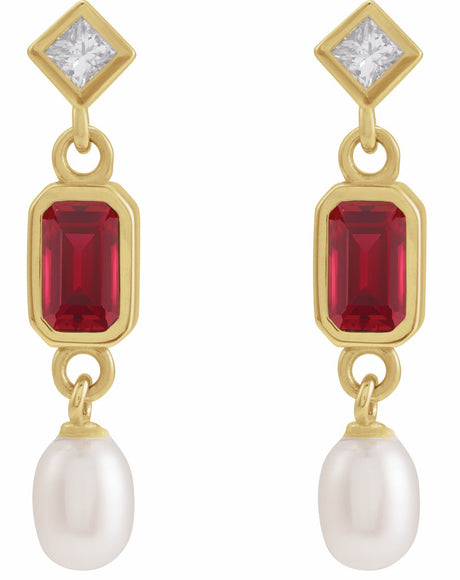 14K Yellow Gold Lab-Grown Ruby, Cultured White Akoya Pearl & .05 CTW Natural Diamond Earrings