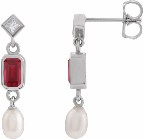 14K White Lab-Grown Ruby, Cultured White Akoya Pearl & .05 CTW Natural Diamond Earrings