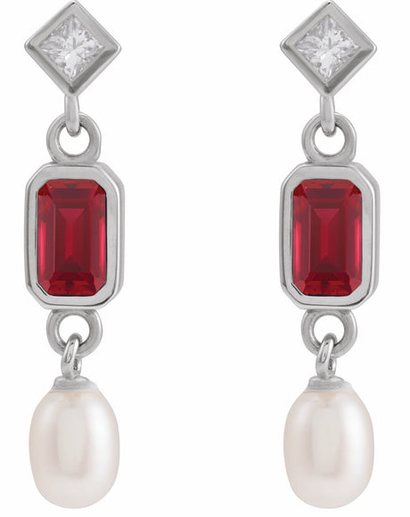 14K White Lab-Grown Ruby, Cultured White Akoya Pearl & .05 CTW Natural Diamond Earrings