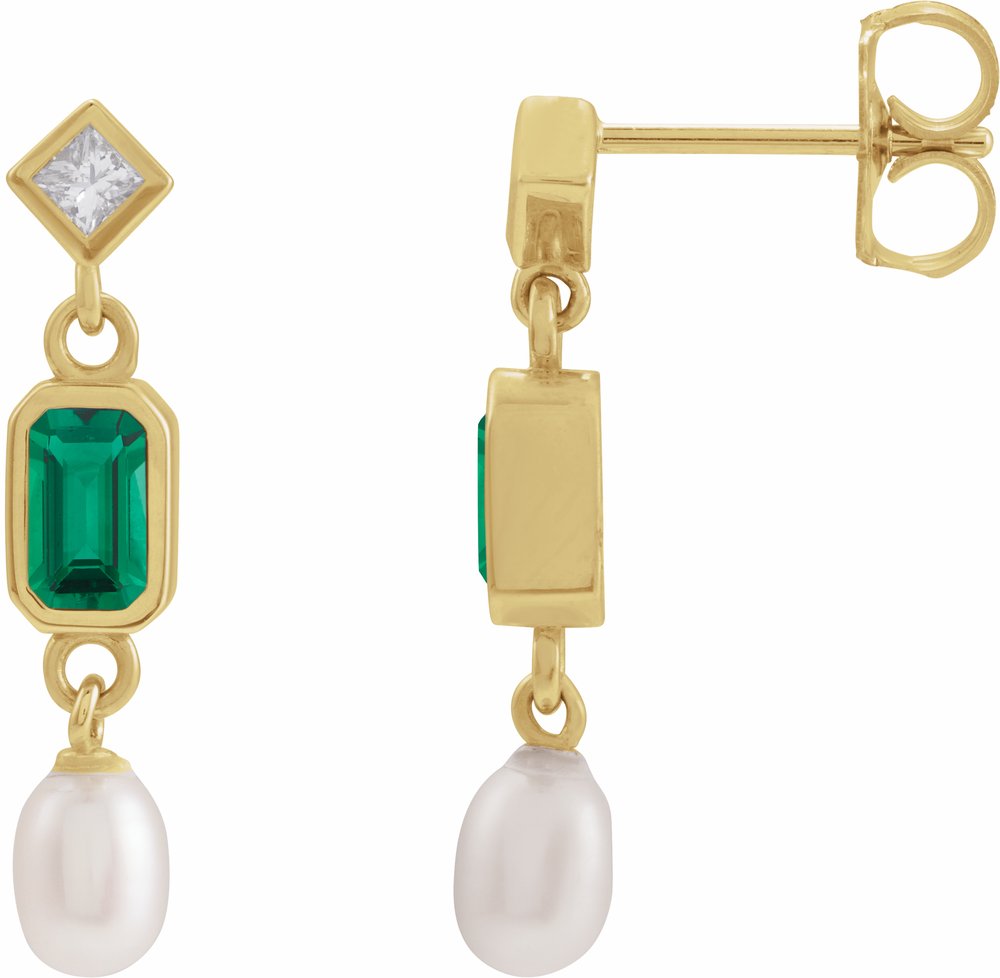 14K Yellow Lab-Grown Emerald, Cultured White Akoya Pearl & .05 CTW Natural Diamond Earrings