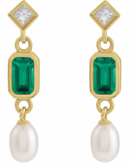 14K Yellow Lab-Grown Emerald, Cultured White Akoya Pearl & .05 CTW Natural Diamond Earrings