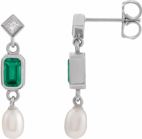 14K White Lab-Grown Emerald, Cultured White Akoya Pearl & .05 CTW Natural Diamond Earrings