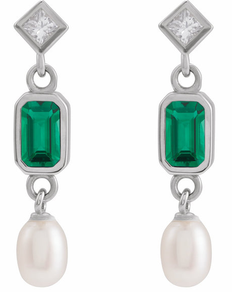 14K White Lab-Grown Emerald, Cultured White Akoya Pearl & .05 CTW Natural Diamond Earrings