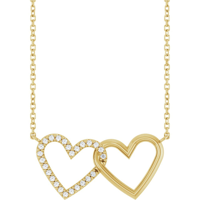 14K Yellow Gold 1/8 CTW Natural Diamond Petite Double Interlocking Heart 16-18" Necklace