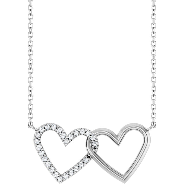 14K White Gold 1/8 CTW Natural Diamond Petite Double Interlocking Heart 16-18" Necklace
