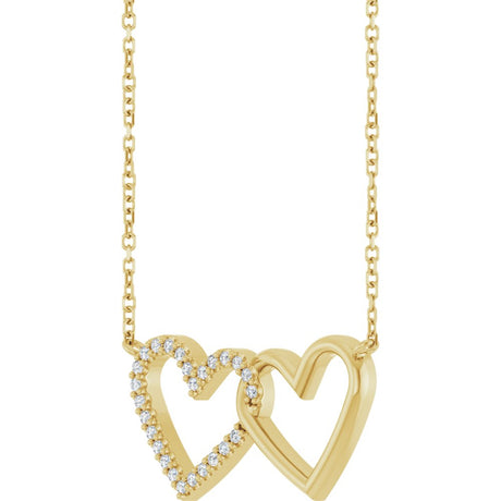 14K Yellow Gold 1/8 CTW Natural Diamond Petite Double Interlocking Heart 16-18" Necklace