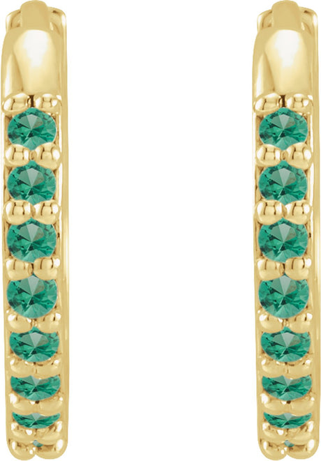 14K Yellow Gold Lab-Grown Emerald Hinged 12.5 mm Hoop Earrings