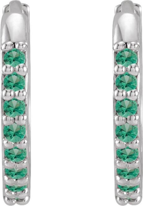 14K White Gold Lab-Grown Emerald Hinged 12.5 mm Hoop Earrings