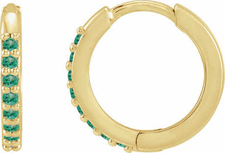 14K Yellow Gold Lab-Grown Emerald Hinged 12.5 mm Hoop Earrings