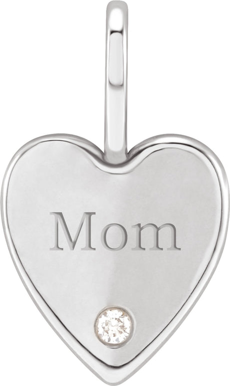 14K White Gold .02 CT Natural Diamond Engraved MOM Heart Charm/Pendant
