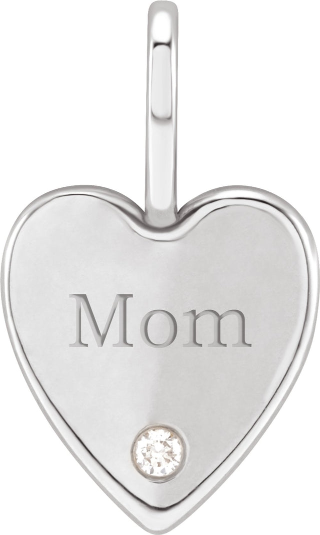 14K White Gold .02 CT Natural Diamond Engraved MOM Heart Charm/Pendant
