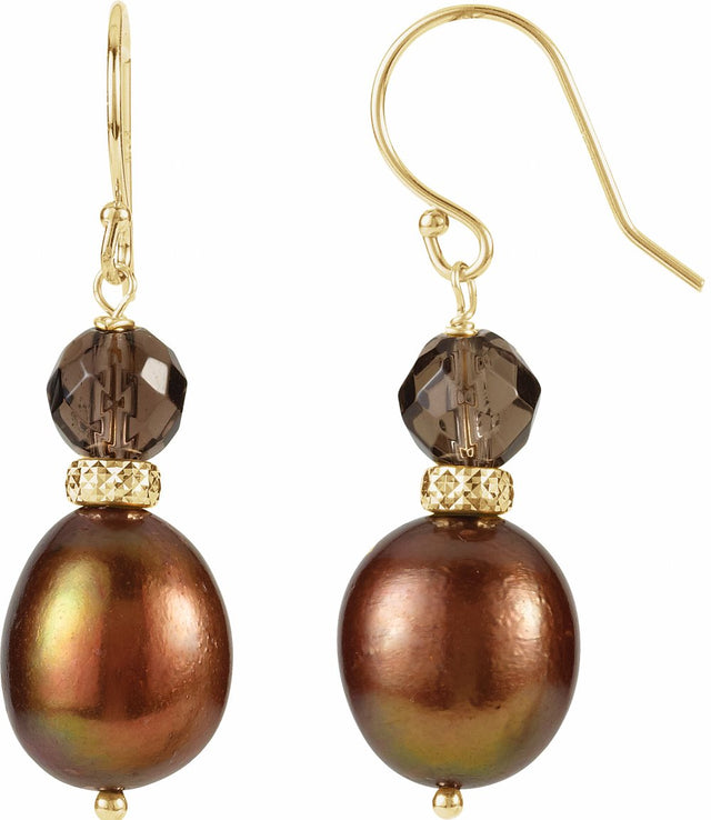 14K Yellow Cultured Chocolate Freshwater Pearl & Natural Smoky Quartz Earrings