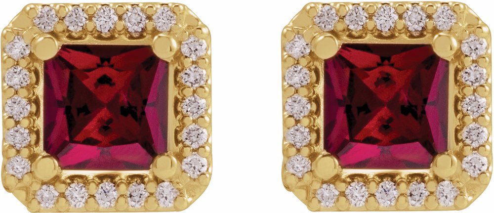 14K Yellow Lab-Grown Ruby & .08 CTW Natural Diamond Halo-Style Earrings