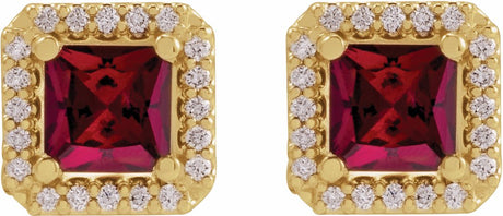 14K Yellow Lab-Grown Ruby & .08 CTW Natural Diamond Halo-Style Earrings
