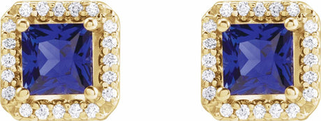 14K Yellow Lab-Grown Blue Sapphire & .08 CTW Natural Diamond Halo-Style Earrings