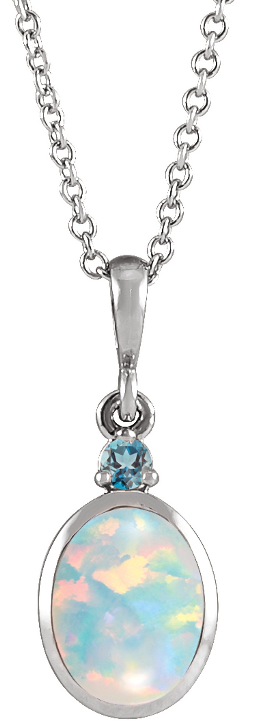 Sterling Silver 6x4 mm Lab-Grown White Opal & Natural London Blue Topaz 16-18" Necklace