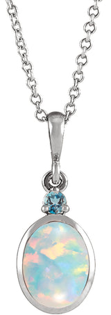 Sterling Silver 6x4 mm Lab-Grown White Opal & Natural London Blue Topaz 16-18" Necklace