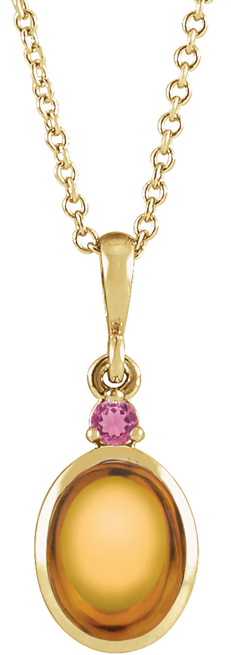 14K Yellow Gold 8x6 mm Natural Citrine & Natural Pink Tourmaline 16-18" Necklace