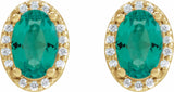 14K Yellow 6x4 mm Lab-Grown Emerald & .06 CTW Natural Diamond Halo-Style Earrings