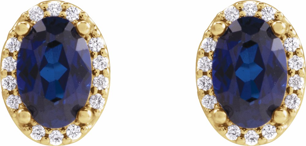 14K Yellow 6x4 mm Lab-Grown Blue Sapphire & .06 CTW Natural Diamond Halo-Style Earrings