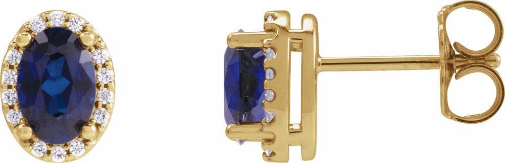 14K Yellow 6x4 mm Lab-Grown Blue Sapphire & .06 CTW Natural Diamond Halo-Style Earrings