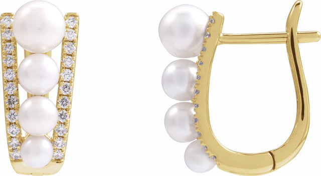 14K Yellow Gold Cultured White Freshwater Pearl & 1/4 CTW Natural Diamond Hoop Earrings